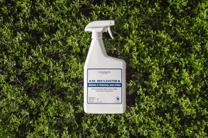 Dr. Ben's Evictor indoor and personal bug spray bottle on green grass